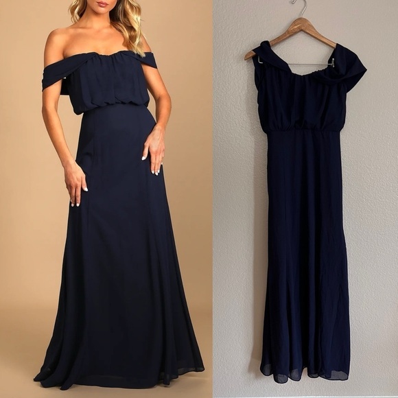 NWOT Lulus Enduring Love Navy Blue Off-the-Shoulder Maxi Dress - Picture 1 of 7